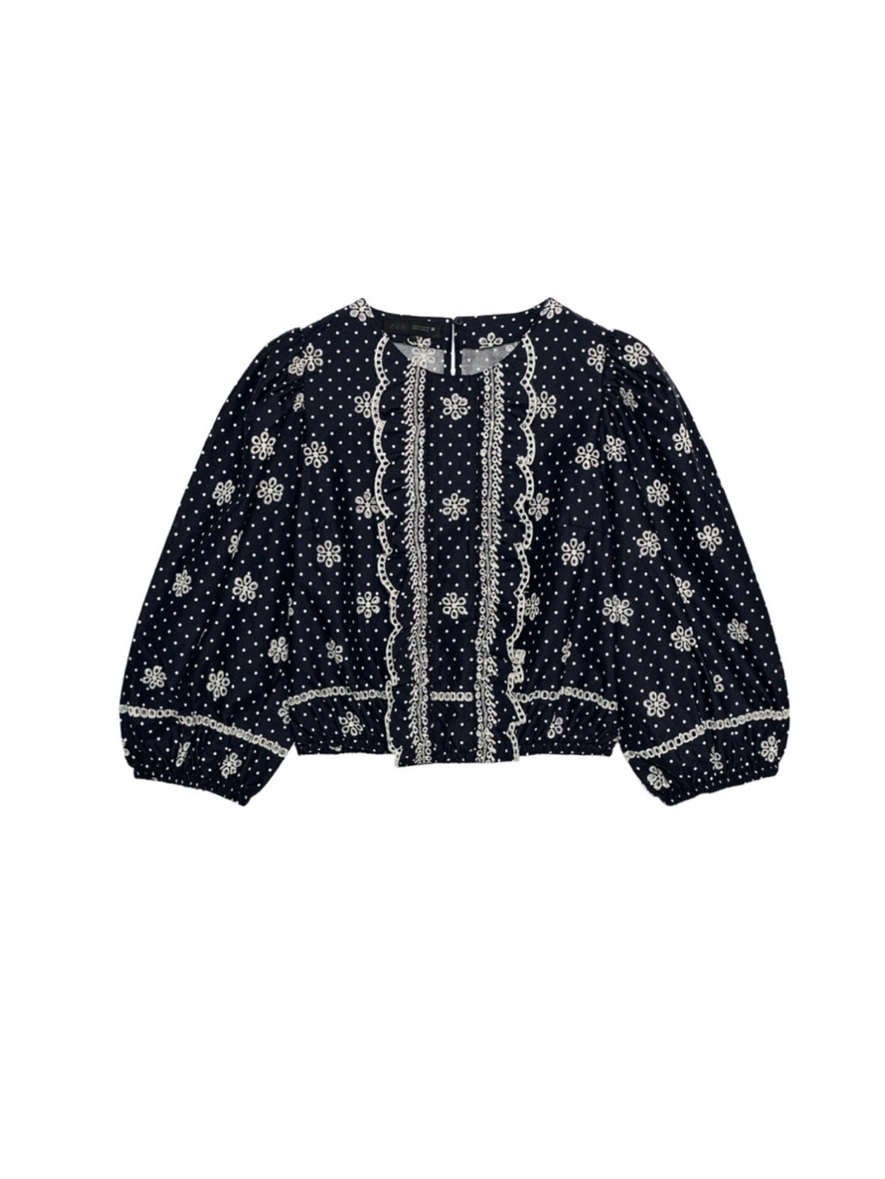 NWT Zara Embroidered Perforated Polka Dot Blouse Top Eyelet Navy Large L NEW